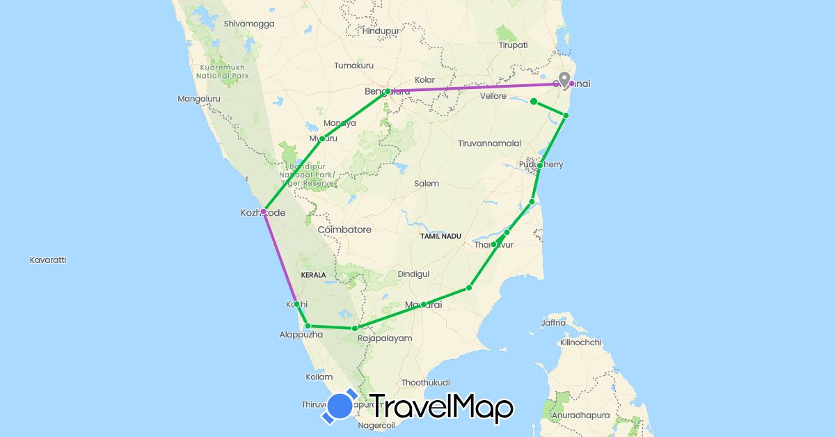 TravelMap itinerary: bus, plane, train in India (Asia)